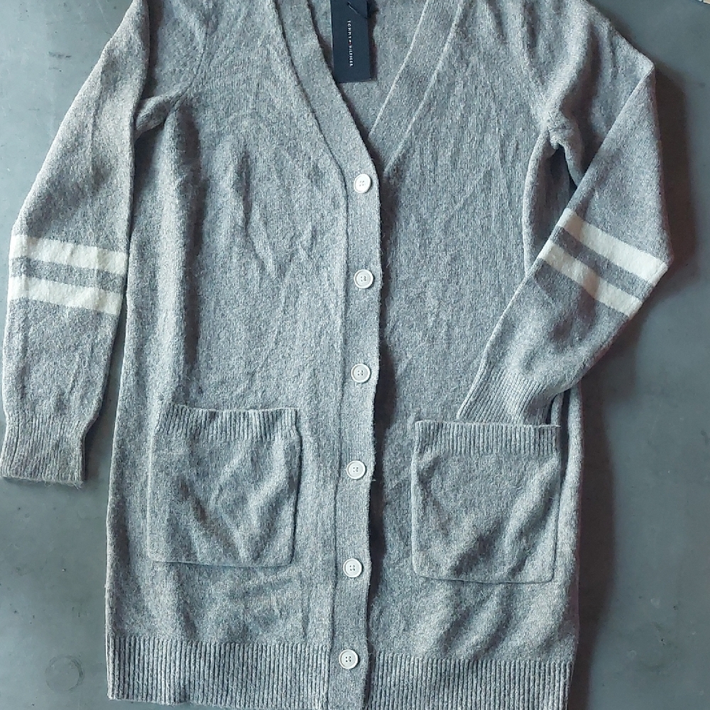 NWT Tommy Hilfiger Gray Women's collegiate Cardigan with Stripes